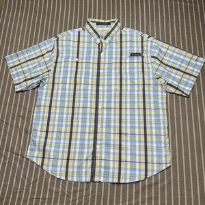 Columbia PFG Super Tamiami Shirt Mens Large Blue Green Plaid Omni-Shade Fishing